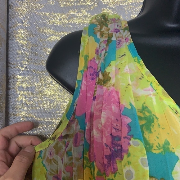 Glam & Fame Lime Floral Tunic Pleated Semi-Sheer Mini Dress Size M - Picture 4 of 11